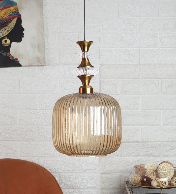 ELIANTE Povque Vintage Hanging Pendant Light | Gold Finish Iron with Gold Glass Shade | E27 Holder | Decorative Ceiling Light for Living Room & Restaurants | Free Bulb Included | 3 Years Warranty - Image 2