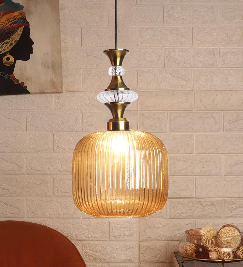 ELIANTE Povque Vintage Hanging Pendant Light | Gold Finish Iron with Gold Glass Shade | E27 Holder | Decorative Ceiling Light for Living Room & Restaurants | Free Bulb Included | 3 Years Warranty - Image 1