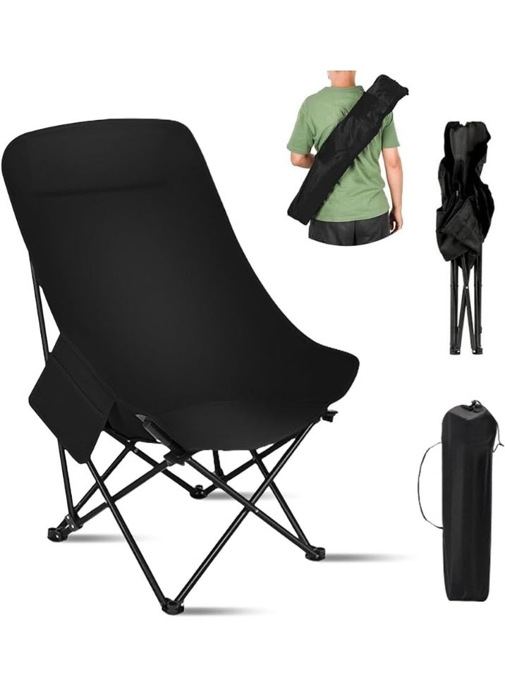 كرسي تخييم قابل للطي بتصميم "مون شير" (Moon Chair) مرتفع - مبطن بـ 3 طبقات مع مسند رأس وجيب جانبي - هيكل فولاذي متين يتحمل حتى 110 كجم - مثالي للرحلات، الشاطئ، والحديقة - مع حقيبة حمل. - Image 1