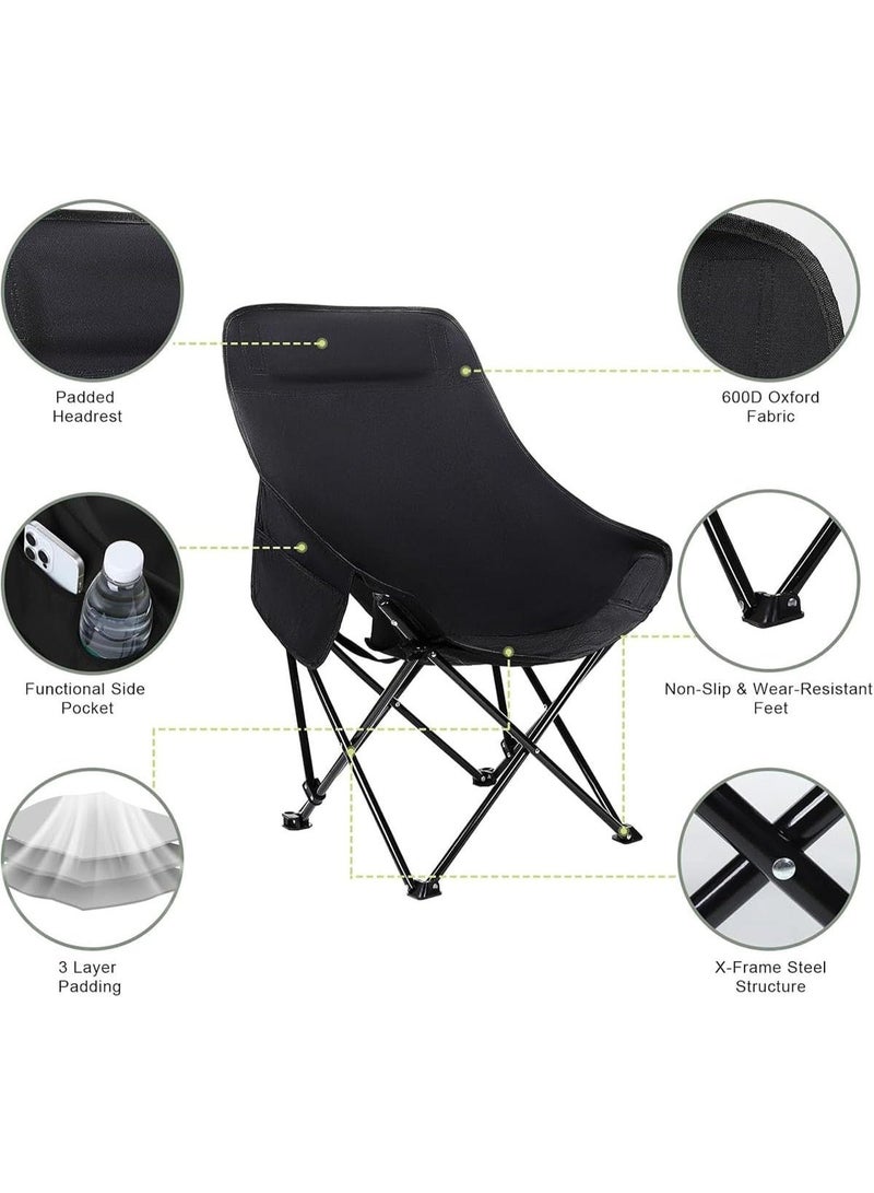 كرسي تخييم قابل للطي بتصميم "مون شير" (Moon Chair) مرتفع - مبطن بـ 3 طبقات مع مسند رأس وجيب جانبي - هيكل فولاذي متين يتحمل حتى 110 كجم - مثالي للرحلات، الشاطئ، والحديقة - مع حقيبة حمل. - Image 3
