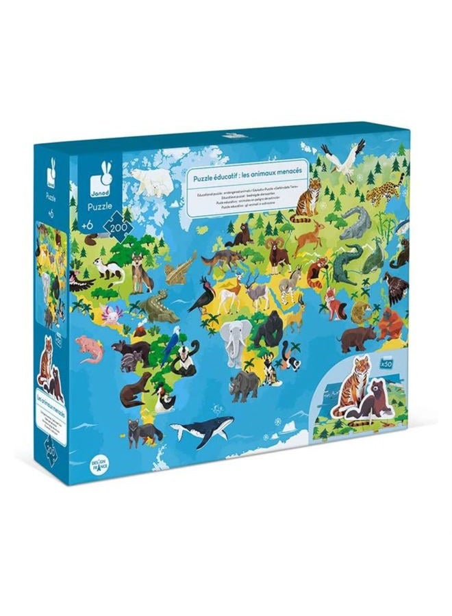 Janod Puzzle Endangered Animals 200 Pieces, Multicolor, J02676 - Image 1