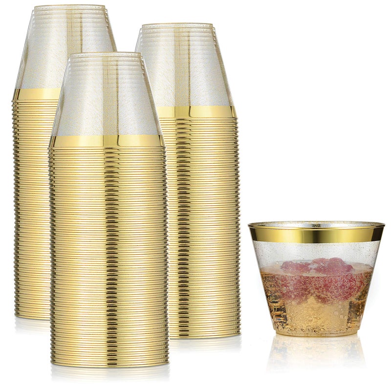 CHATEAU FINE TABLEWARE 100 Pack 9oz Plastic Cups Gold Glitter with a Gold Rim  Premium Party Cups  Elegant and Classy Sturdy Cups  Weddings Birthdays Anniversaries and Other Social Events