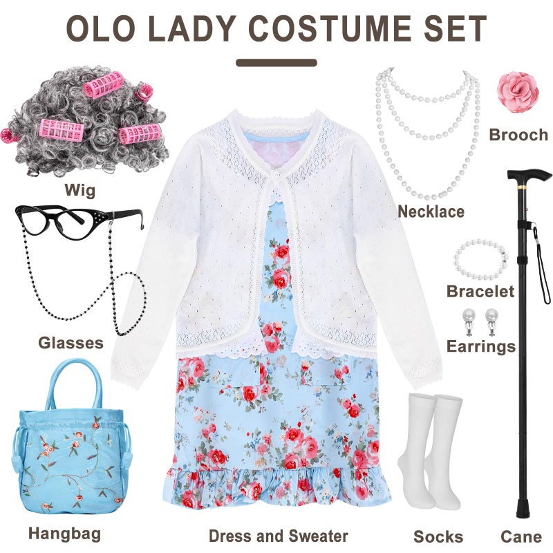 MGparty 100th Day of School Costume for Girls, Old Lady Costume for Kids, Grandma Cosplay Dress Up (3-4 Years) - Image 3
