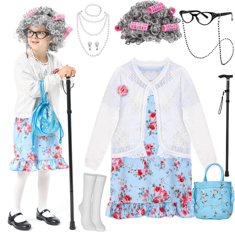 MGparty 100th Day of School Costume for Girls, Old Lady Costume for Kids, Grandma Cosplay Dress Up (3-4 Years) - Image 1