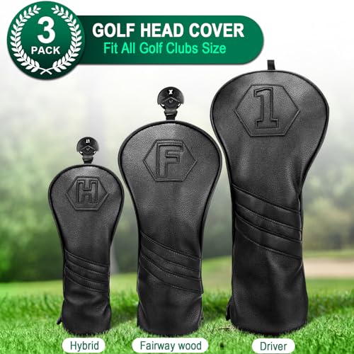 2thpart Premium Golf Club Covers, 3 Pack Golf Club Head Covers for Driver, Fairway Woods and Hybrid, Golf Head Covers Fit Most Golf Clubs PU Leather Classic Black - Image 2