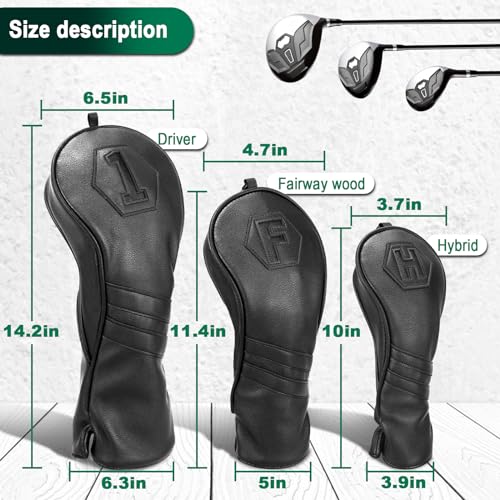 2thpart Premium Golf Club Covers, 3 Pack Golf Club Head Covers for Driver, Fairway Woods and Hybrid, Golf Head Covers Fit Most Golf Clubs PU Leather Classic Black - Image 4
