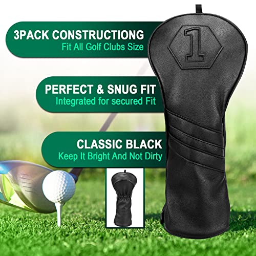 2thpart Premium Golf Club Covers, 3 Pack Golf Club Head Covers for Driver, Fairway Woods and Hybrid, Golf Head Covers Fit Most Golf Clubs PU Leather Classic Black - Image 3