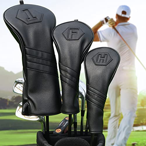2thpart Premium Golf Club Covers, 3 Pack Golf Club Head Covers for Driver, Fairway Woods and Hybrid, Golf Head Covers Fit Most Golf Clubs PU Leather Classic Black - Image 1
