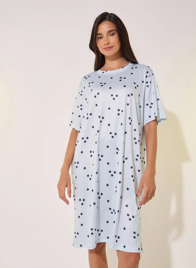 تايك تو All-Over Print Round Neck Nightshirt by Styli