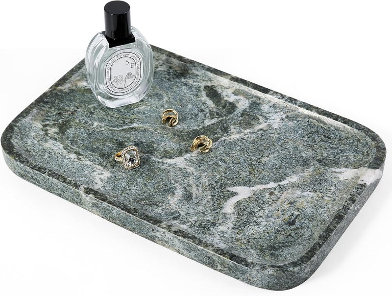 Koville Marble Tray, 12"x8" Natural Marble Vanity Tray for Countertop Bathroom Kitchen Dresser, Decorative Catchall Trays for Perfume Jewelry, Rectangular Stone Serving Tray(Green) - Image 1