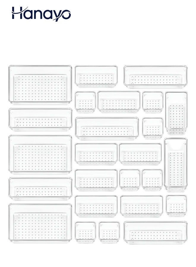 Hanayo 25 Pcs Drawer Organizer Trays Set Small & Large Plastic Containers Multifunctional Transparent Drawer Dividers Storage Bins for Makeup Jewelries Kitchen Utensils and Office Drawer Dividers(Clear) - Image 1