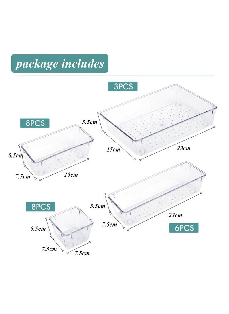Hanayo Clear Plastic Drawer Organizers Set 25 PCS 4-Size Versatile Bathroom and Vanity Drawer Organizer Trays Storage Bins for Makeup Jewelries Kitchen Utensils and Office Drawer Dividers Socks Ties  - Image 2