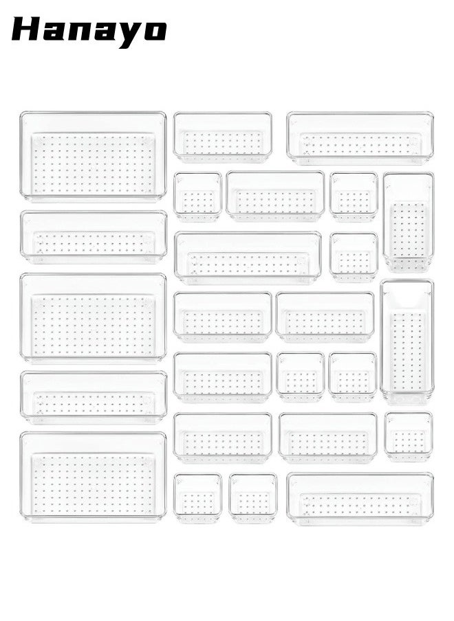 Hanayo Clear Plastic Drawer Organizers Set 25 PCS 4-Size Versatile Bathroom and Vanity Drawer Organizer Trays Storage Bins for Makeup Jewelries Kitchen Utensils and Office Drawer Dividers Socks Ties  - Image 1