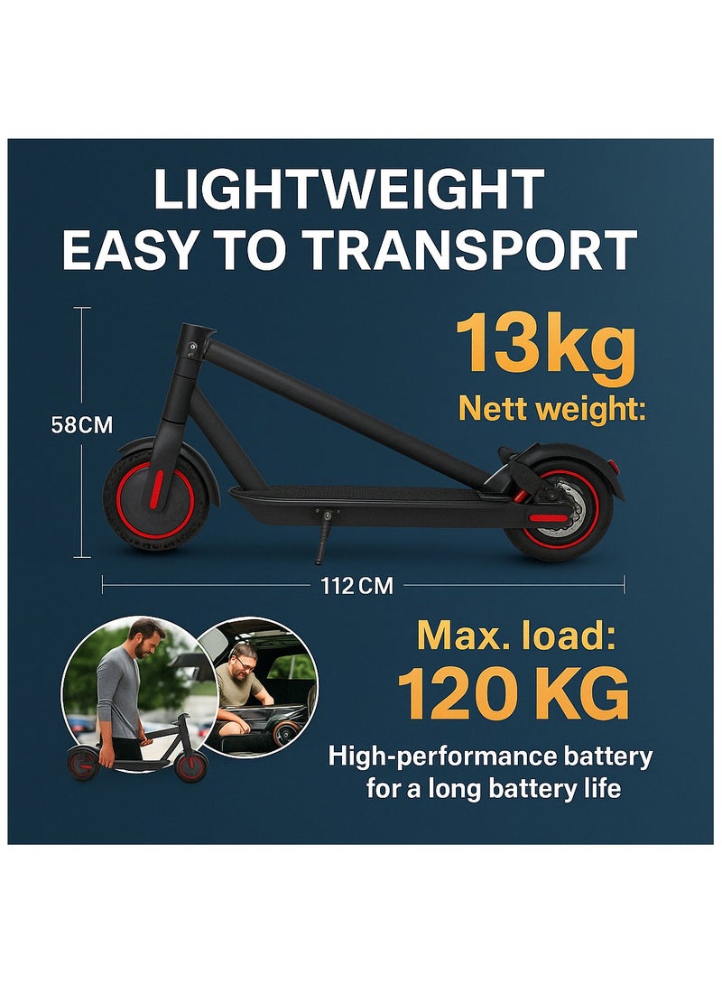 HR-13 Foldable Electric Scooter – 8.5″ Tires, 350W Motor (500W Peak) up to 30km/h, 25–30km Range, Dual Brakes (E-ABS + Disc), 14kg Heavy-Duty Steel Frame for Adults