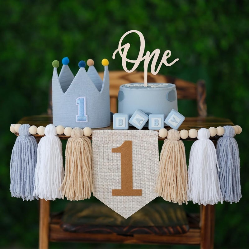 HODIHIWI Baby Boy First Birthday Party Decorations Blue White High Chair Banner 1st Crown Hat Cake Topper - Image 1