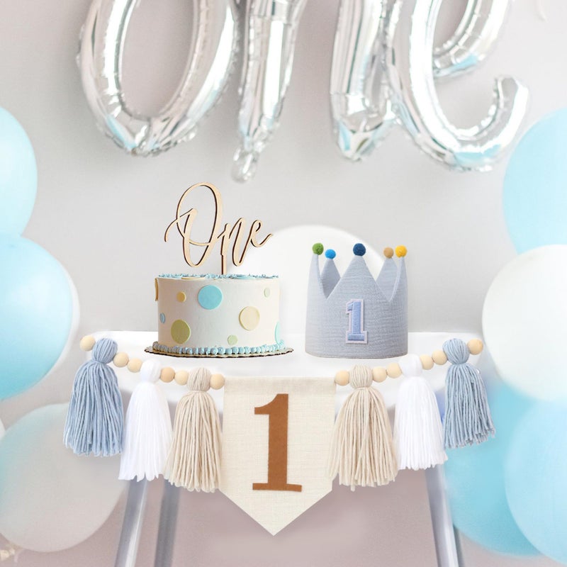 HODIHIWI Baby Boy First Birthday Party Decorations Blue White High Chair Banner 1st Crown Hat Cake Topper - Image 5