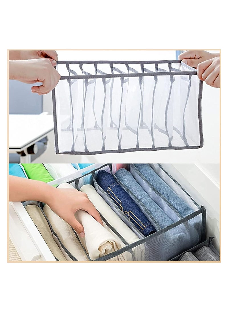 Wardrobe Clothes Organizer, 2 Pack 9 Grids Foldable & Washable Jeans Compartment Storage Closet Cabinet Organizer,Underwear Mesh Storage Boxes With Side Handles(Gray-2pcs 9 Grids)