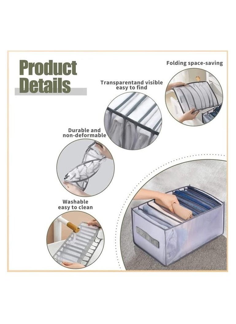 Wardrobe Clothes Organizer, 2 Pack 9 Grids Foldable & Washable Jeans Compartment Storage Closet Cabinet Organizer,Underwear Mesh Storage Boxes With Side Handles(Gray-2pcs 9 Grids)