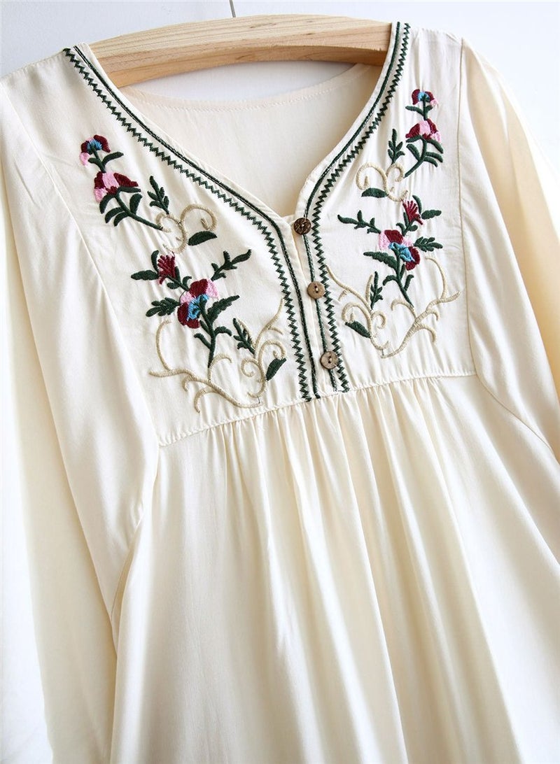 Kafeimali Women's Summer Mini Dress Bohemian Embroidery Tunic Shift Blouse (Beige) - Image 3