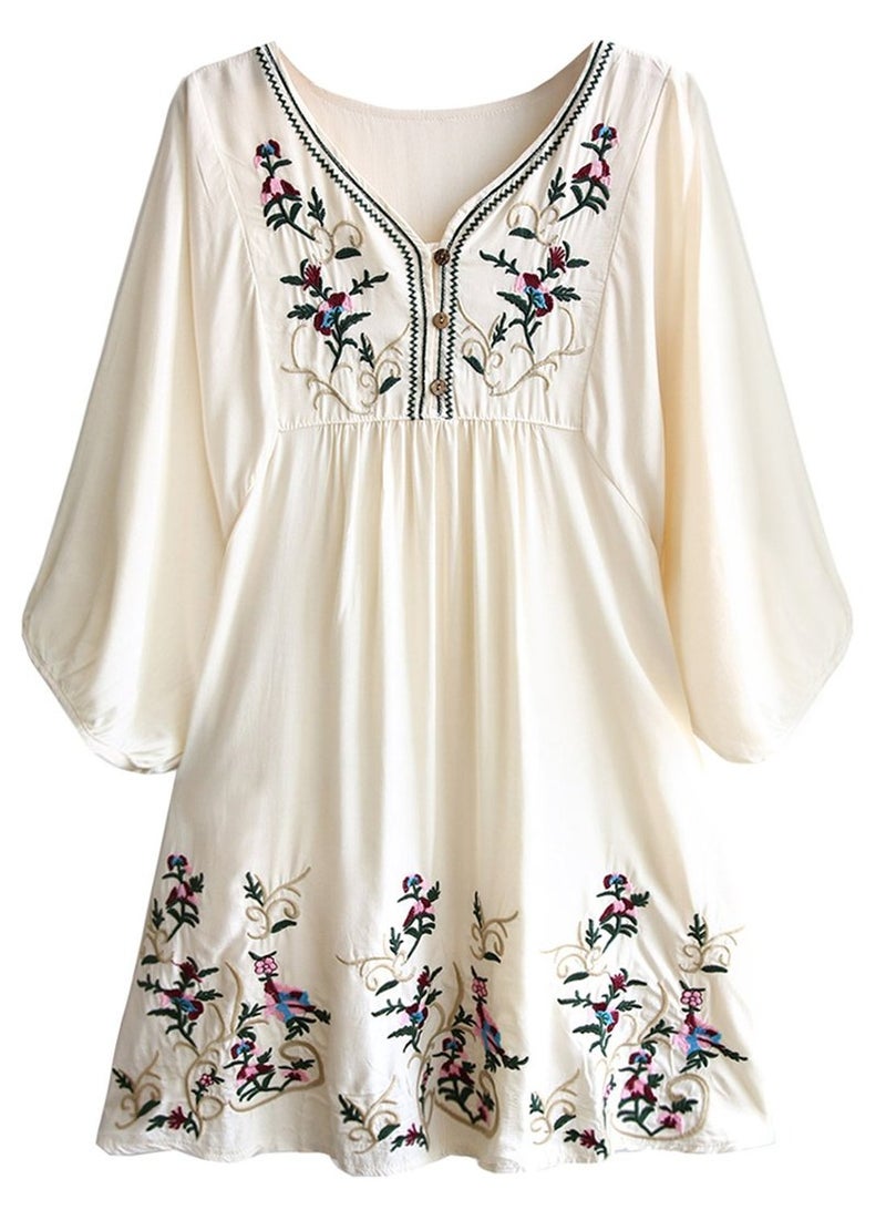 Kafeimali Women's Summer Mini Dress Bohemian Embroidery Tunic Shift Blouse (Beige) - Image 1