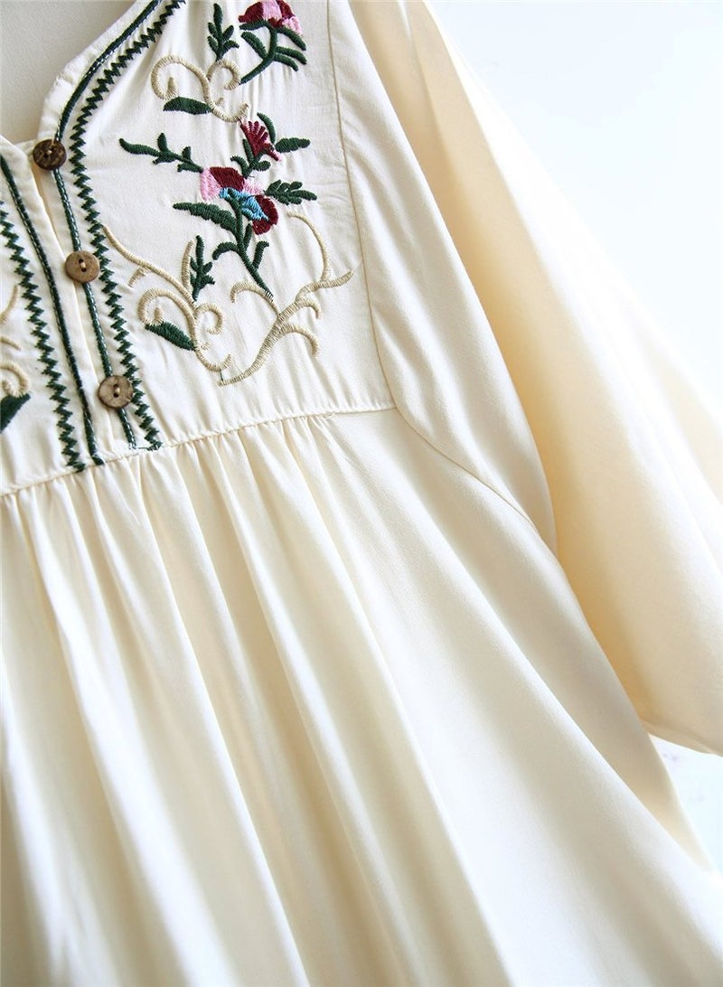 Kafeimali Women's Summer Mini Dress Bohemian Embroidery Tunic Shift Blouse (Beige) - Image 2
