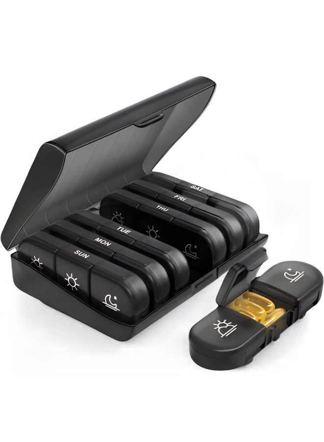 دي إم جي تك منظم الأقراص الأسبوعية الكبيرة الإضافية 3 مرات في اليوم، صندوق الأقراص من جانب واحد مفتوح 7 أيام للتعبئة السهلة، حماية خصوصية الأسود علبة الأقراص من الساعة صباحًا مساءً (أسود) - Image 1