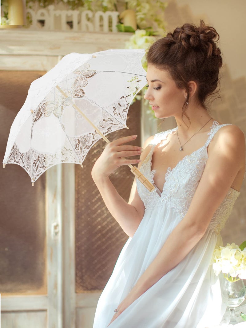 Kajaia 6 Pcs Lace Parasol Umbrella - Vintage Lace Wedding Umbrellas with Handle for Bridesmaid, Flower Women (White) - Image 5