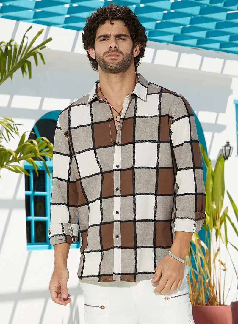 Campus Sutra Men's Russet Brown Outlined-Buffalo Regular Shirt