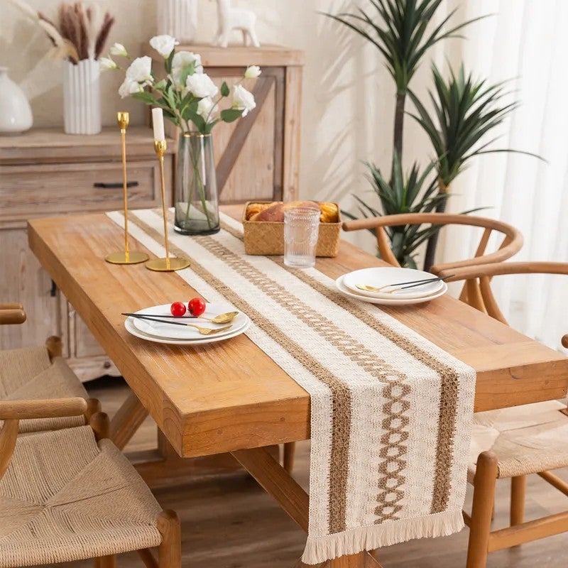 Y&D Natural Color Woven Table Runner with Color-Blocked Tassel, Striped and Diamond-Shaped Checkered Design for Table, Chest, or Cabinet Decoration - Image 3