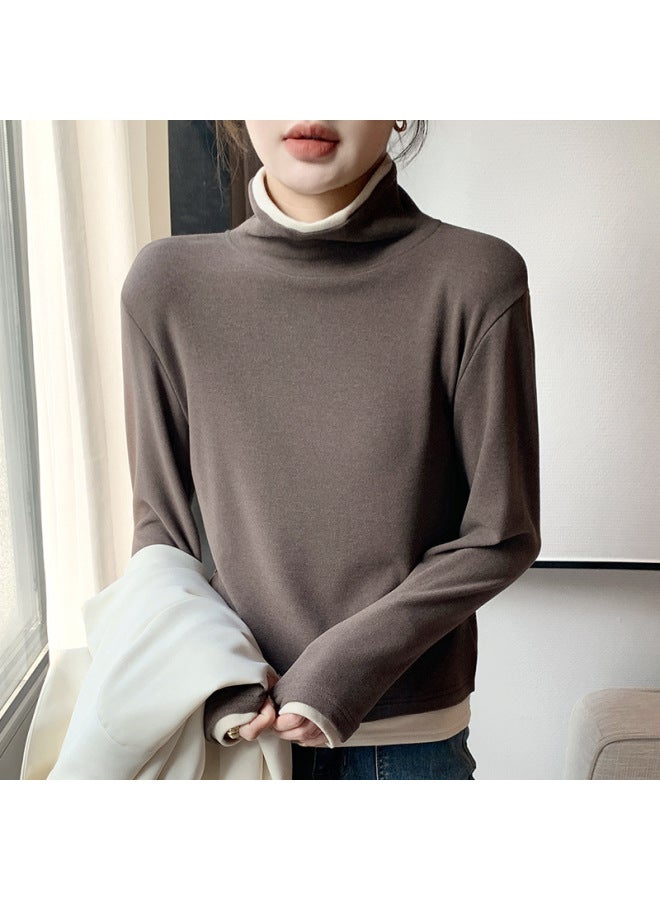 H236 New Spring & Fall Fake Two-piece Top Long-sleeved T-shirt Women's Bottoming Shirt Layered With Contrasting Color High Collar Inner Wear