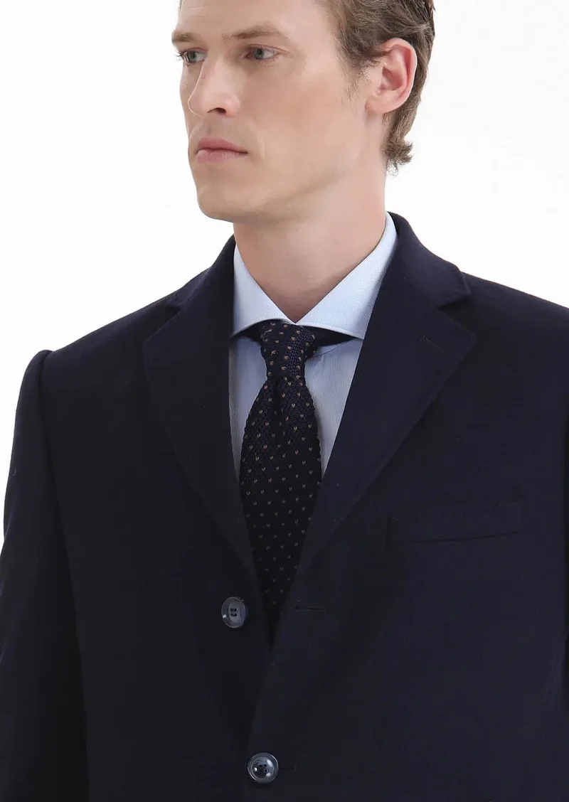 RAMSEY Navy Blue Regular Fit Butterfly Collar Classical Weaving Overcoat