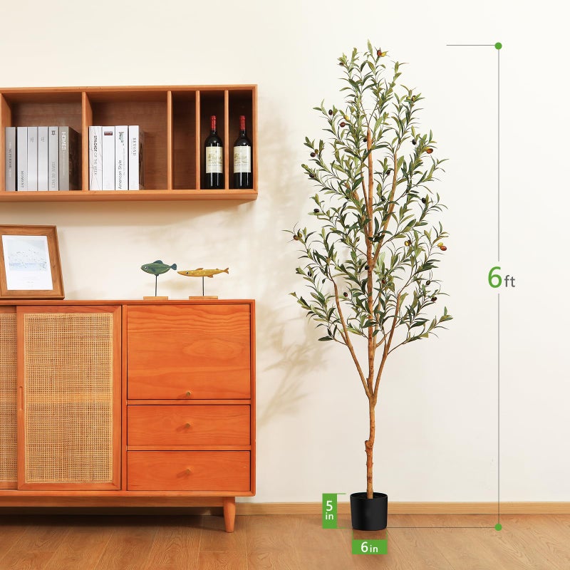 Kazeila Artificial Olive Tree 6FT Tall Faux Silk Plant for Home Office Decor Indoor Fake Potted Tree with Wood Branches and Fruits - Image 4
