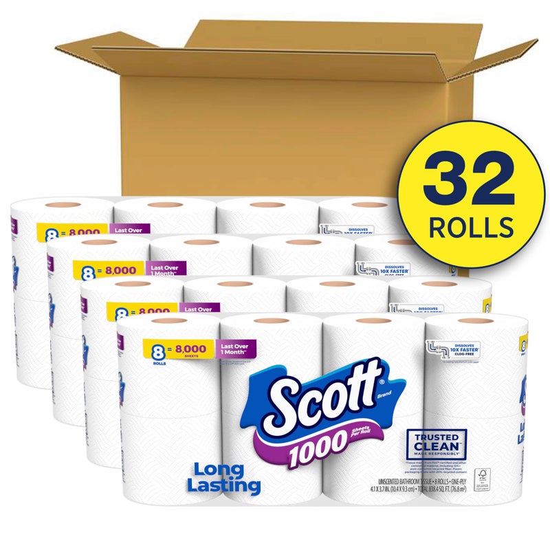 Scott 1000 Trusted Clean Toilet Paper, 32 Rolls, Septic-Safe, 1-Ply Toilet Tissue - Image 2