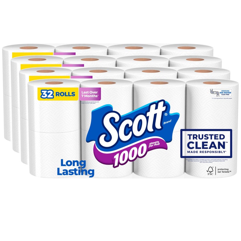 Scott 1000 Trusted Clean Toilet Paper, 32 Rolls, Septic-Safe, 1-Ply Toilet Tissue - Image 1