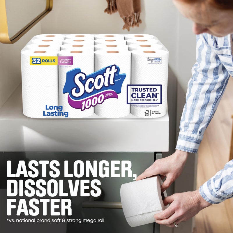 Scott 1000 Trusted Clean Toilet Paper, 32 Rolls, Septic-Safe, 1-Ply Toilet Tissue - Image 5