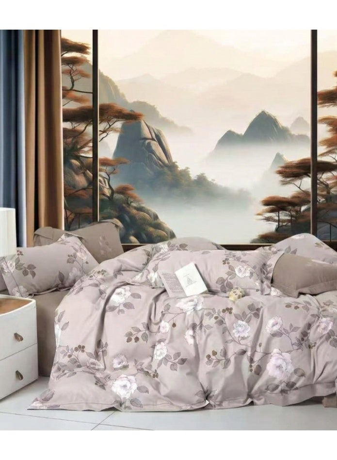 طقم شرشف سرير تركي مقاس كينج 240×260 سم مع 2 كيس وسادة 50×75 سم – تصميم زهري رمادي أنيق – 3 قطع - Image 1