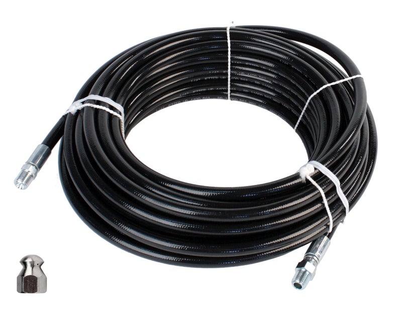 Secfanya Sewer Jetter Kit 1/4" NPT x 100' Hose & 5.5 Orifice Button Nose Nozzle 4000 PSI - Image 1