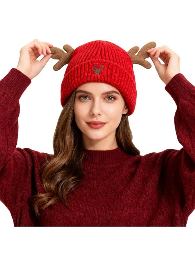 FOLAI Warm Cute Reindeer Antlers Knitted Hat Crochet Knit Cap Knitted Beanie for Adults - Image 1