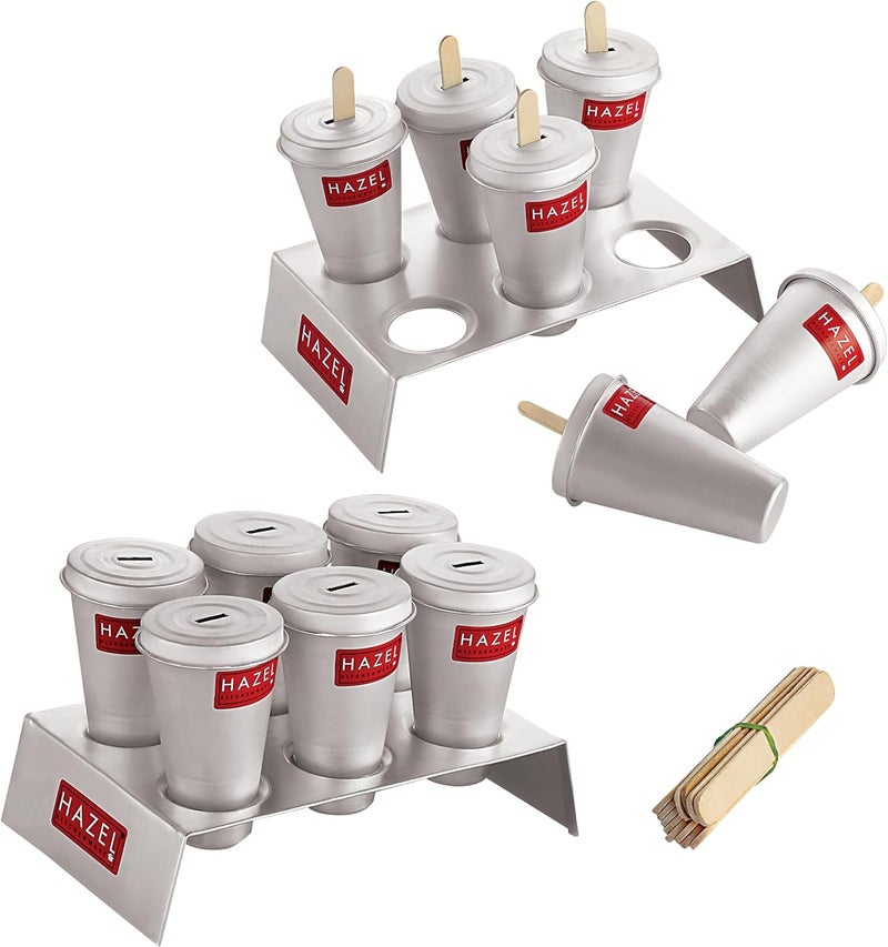 هايزل مجموعة قوالب كولفي من الألمنيوم من هازل ( Aluminium Kulfi Mould Set) تتكون من 12 قالبًا بالإضافة إلى قاعدتين و24 عود آيس كريم | مجموعة أدوات لصنع الآيس كريم والمصاصات بشكل يدوي | أداة قابلة لإعادة الاستخدام - Image 1