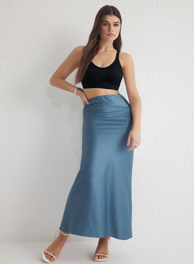 trendyol Indigo Satin Fish Shape Maxi Length Woven Skirt - Image 1