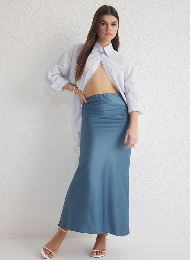 trendyol Indigo Satin Fish Shape Maxi Length Woven Skirt - Image 3