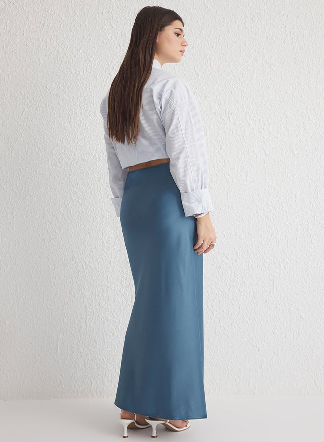 trendyol Indigo Satin Fish Shape Maxi Length Woven Skirt - Image 5