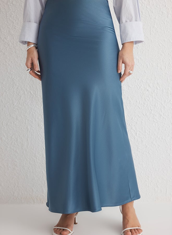 trendyol Indigo Satin Fish Shape Maxi Length Woven Skirt - Image 4