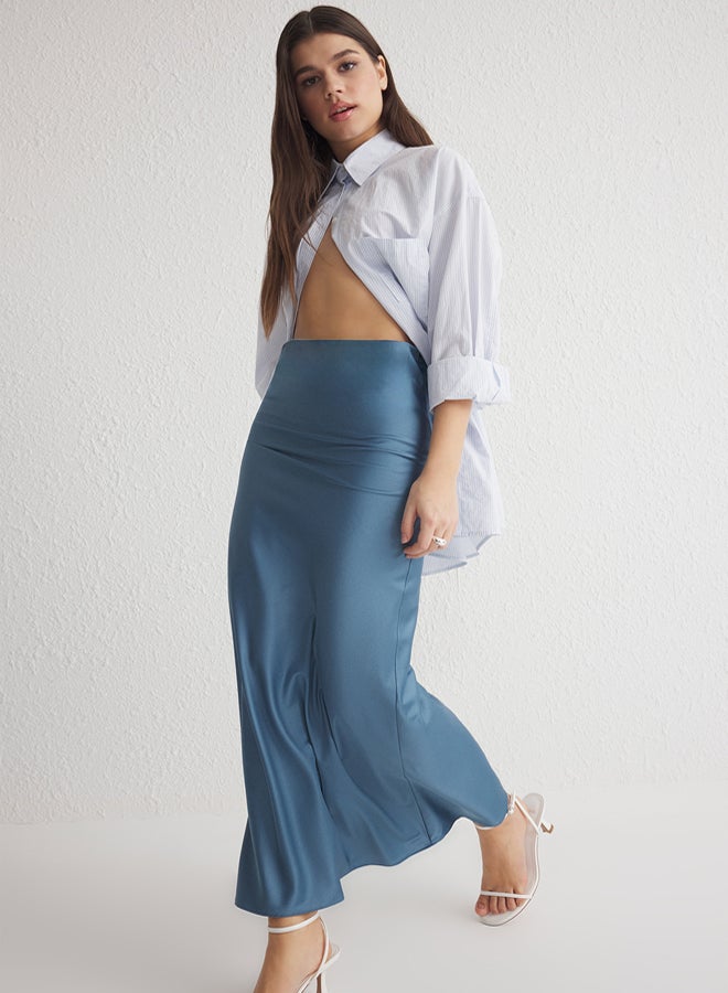 trendyol Indigo Satin Fish Shape Maxi Length Woven Skirt - Image 2