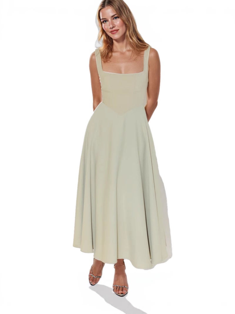 2025 Women'S Solid Color Square Neck Sleeveless Backless Strap Dress - Image 5