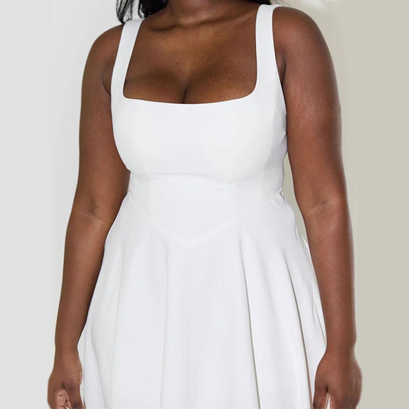 2025 Women'S Solid Color Square Neck Sleeveless Backless Strap Dress - Image 1
