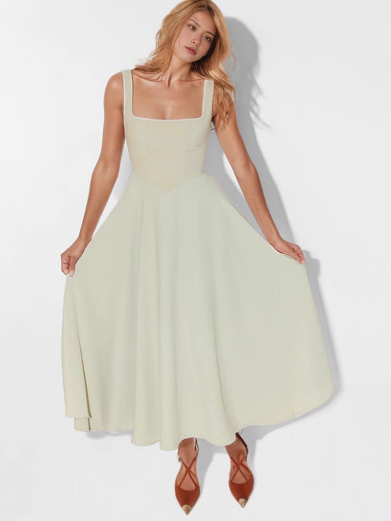2025 Women'S Solid Color Square Neck Sleeveless Backless Strap Dress - Image 2