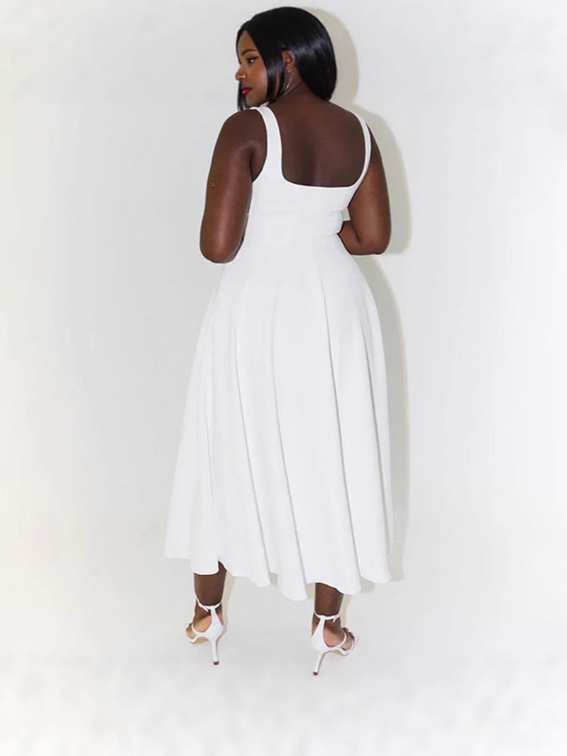 2025 Women'S Solid Color Square Neck Sleeveless Backless Strap Dress - Image 3