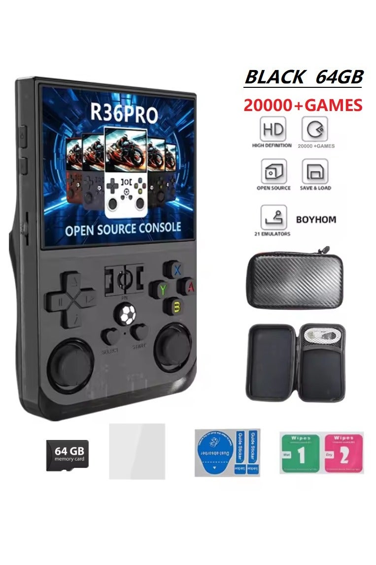 ايناوو وحدة تحكم ألعاب محمولة R36PRO مع بطاقة TF سعة 64 جيجابايت، تدعم أكثر من 20000 لعبة، ومحاكي وحدة تحكم ألعاب مفتوح المصدر محمول قابل لإعادة الشحن بشاشة 3.5 بوصة IPS، يدعم WiFi. (أسود) - Image 1