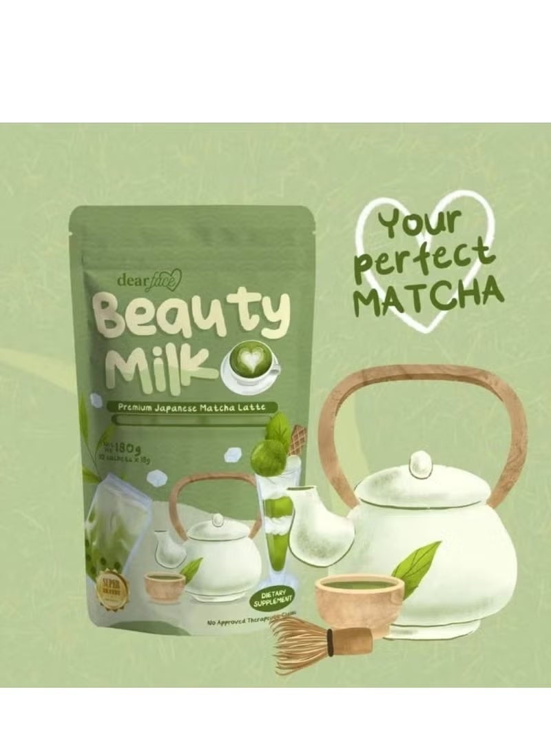 dear face Beauty Milk Matcha Latte Flavor Green Tea Glutathione Antioxidant Drink 10 sachets Whitens - Image 1
